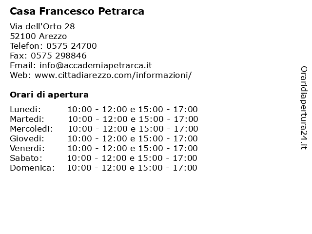 Orari di apertura Casa Francesco Petrarca Via dell Orto